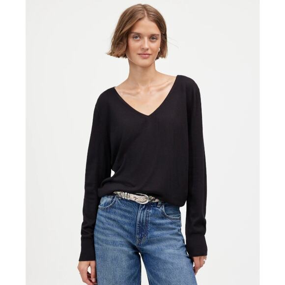 Madewell Merino Wool-Silk Blend V-Neck Sweater SZ S Black Relaxed Fit Pullover - Picture 1 of 9